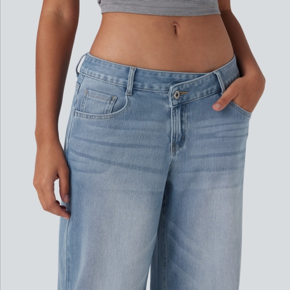 Halara Flex™ Asymmetric Low Rise Zipper Pockets Baggy Wide Leg Casual Jeans - Picture 6 of 16